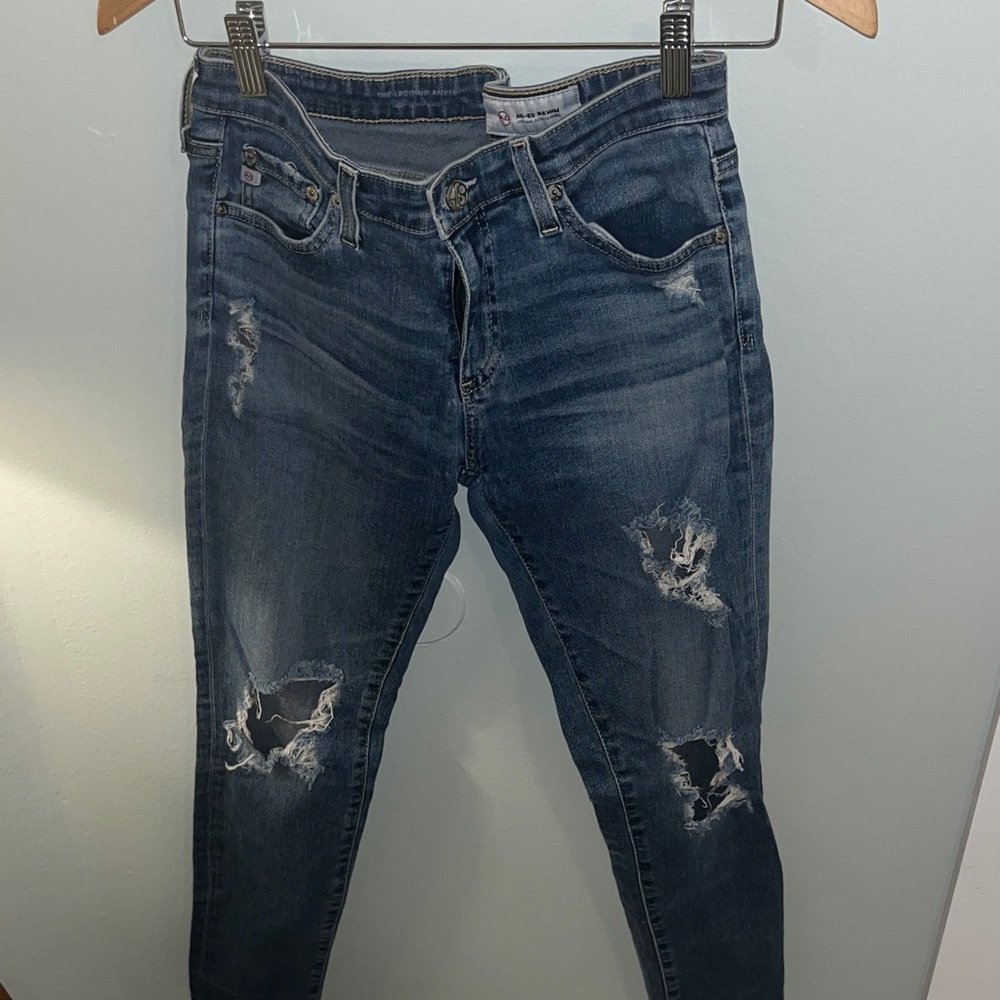 AG Adriano Goldschmied Dark Blue Distressed Skinny Jeans